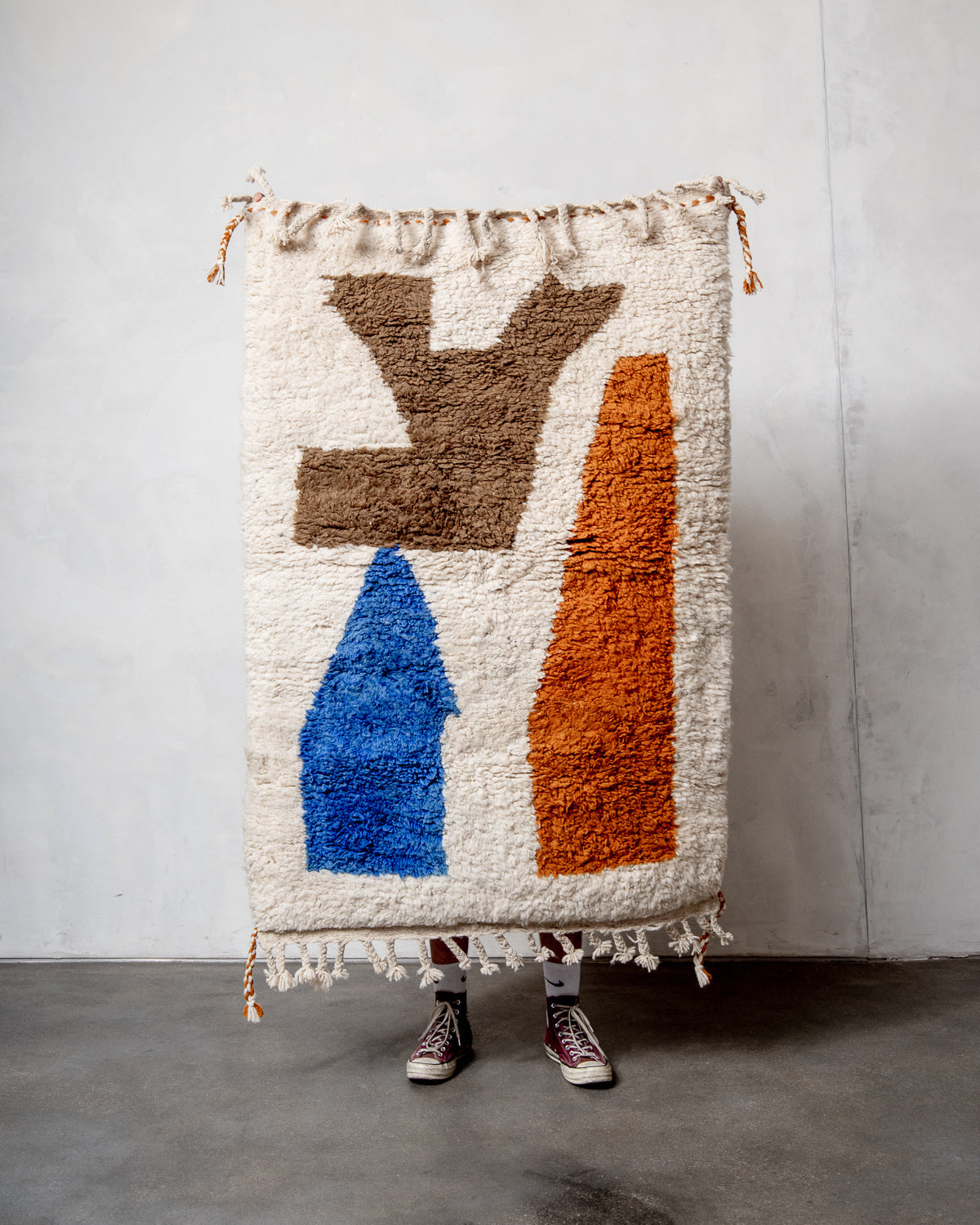 Modern, designer, handcrafted Berber rug from Morocco. Beniourain carpet with beautiful colours and patterns and fluffy wool texture.